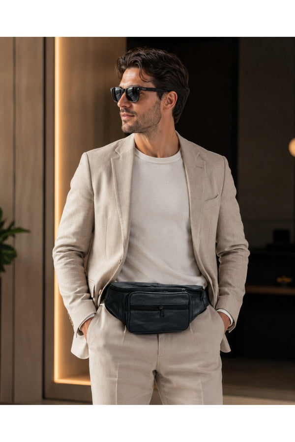 Genuine Leather Crossbody Waist Bag for Men – Multi-Pocket Adjustable Belt Bag with Zipper Compartments
