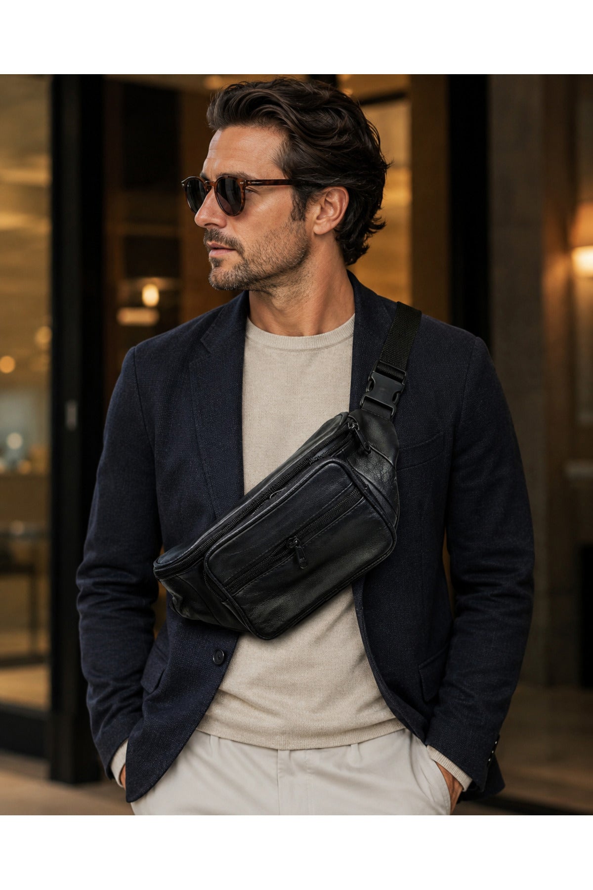 Genuine Leather Crossbody Waist Bag for Men – Multi-Pocket Adjustable Belt Bag with Zipper Compartments Main image