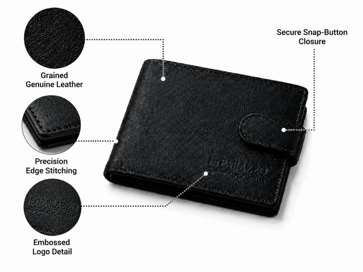La Parazzo Premium Genuine Leather Men’s Wallet with Snap Closure, ID Window & Multi-Card Storage