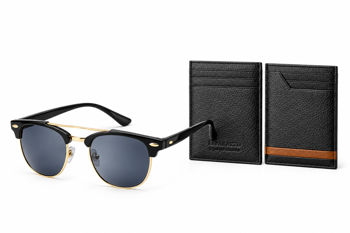 Retro Style Sunglasses & Leather Card Holder Combo for Men