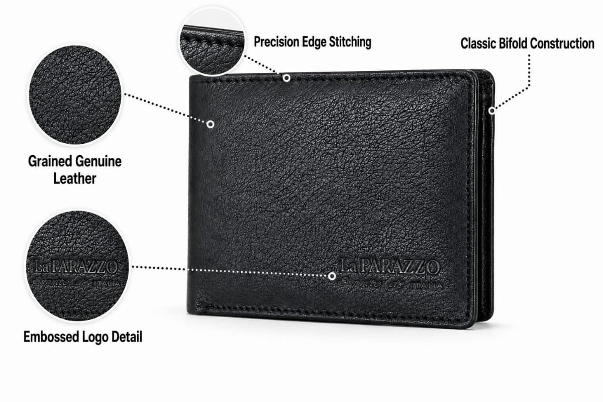 La Parazzo Premium Genuine Leather Men’s Bifold Wallet with Flip-Out Card Holder & Cash Compartment
