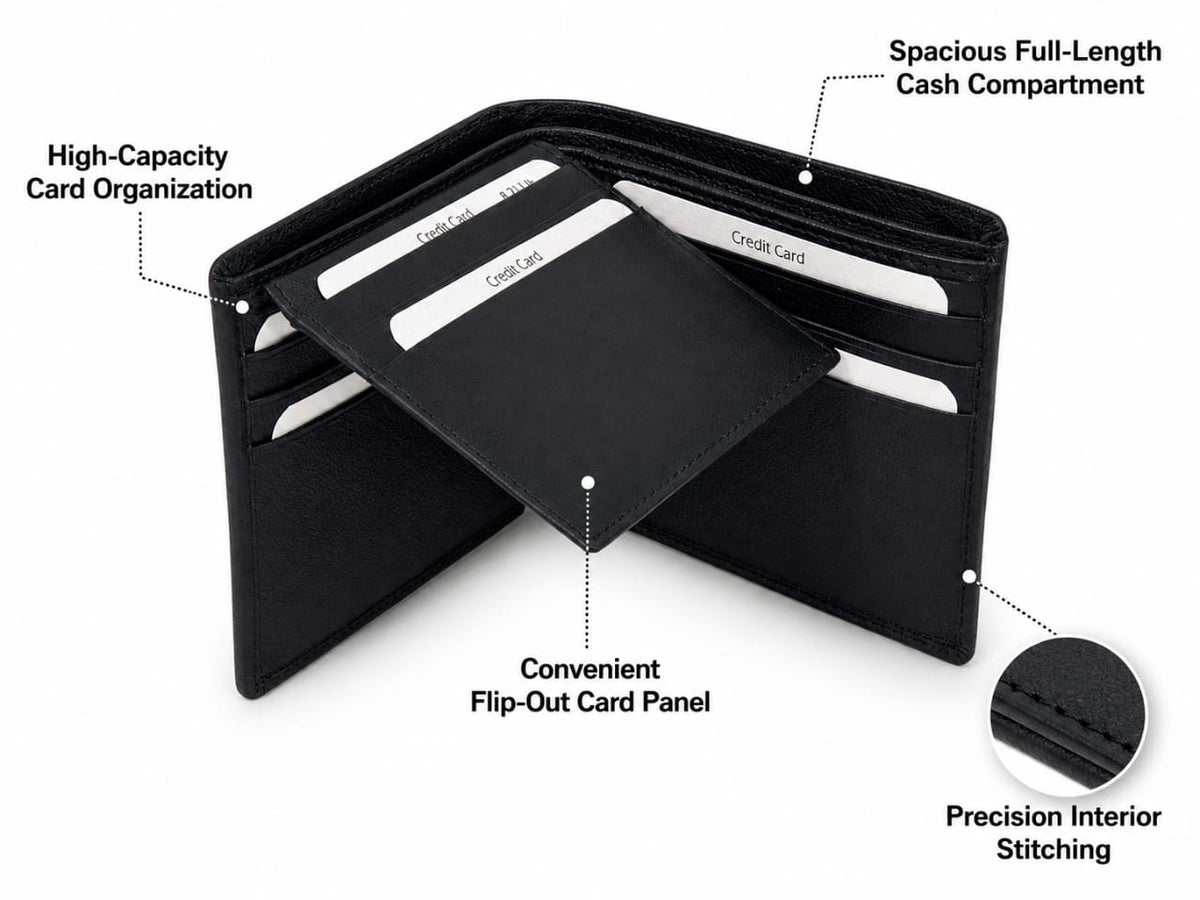 La Parazzo Premium Genuine Leather Men’s Bifold Wallet with Flip-Out Card Holder & Cash Compartment
