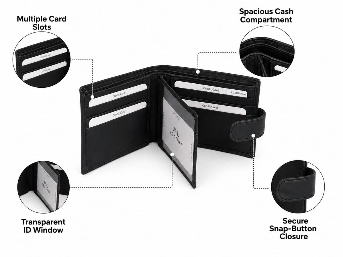 La Parazzo Premium Men’s Genuine Leather Wallet – Bifold Wallet with Snap Closure, Multiple Card Slots, ID Window & Cash Compartment