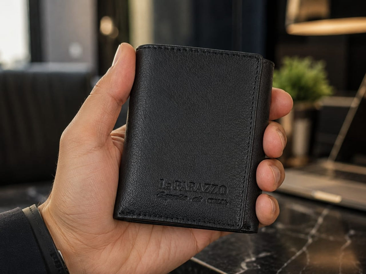 La Parazzo Premium Men’s Genuine Leather Trifold Wallet – Compact Vertical Wallet with Multiple Card Slots, Cash Compartment & Snap-Button Section