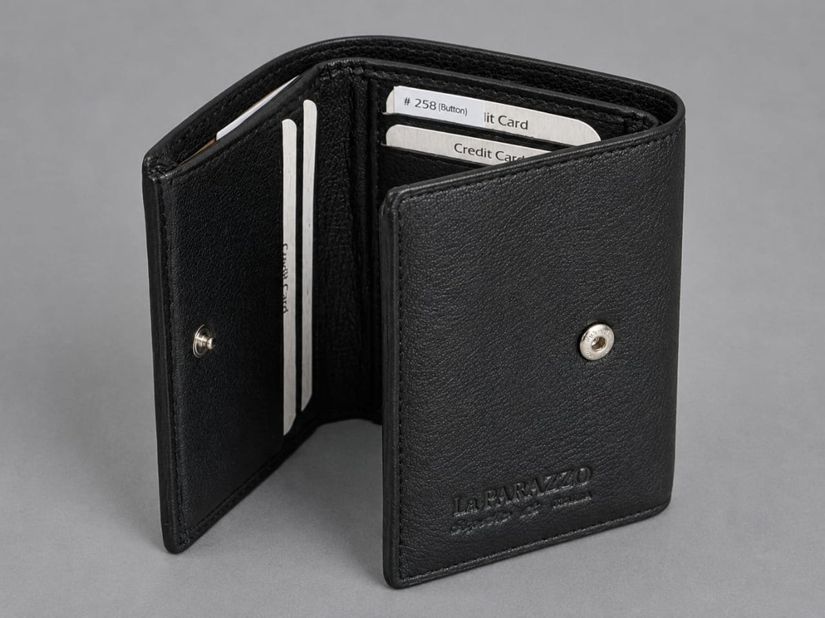La Parazzo Premium Men’s Genuine Leather Trifold Wallet – Compact Vertical Wallet with Multiple Card Slots, Cash Compartment & Snap-Button Section