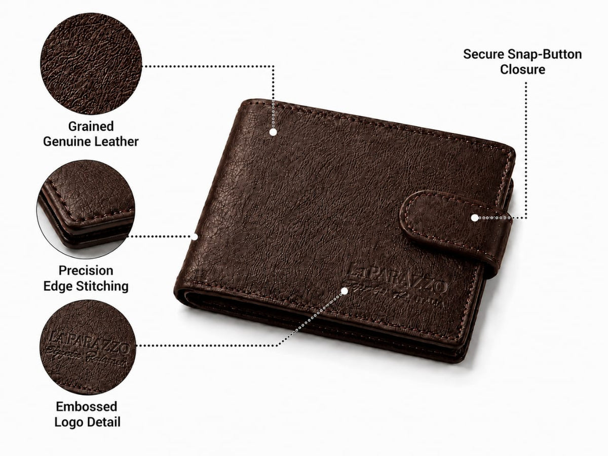 La Parazzo Premium Genuine Leather Men’s Wallet with Snap Closure, ID Window & Multi-Card Storage