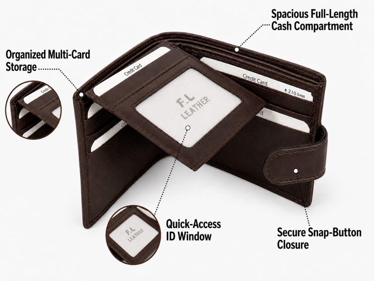 La Parazzo Premium Genuine Leather Men’s Wallet with Snap Closure, ID Window & Multi-Card Storage