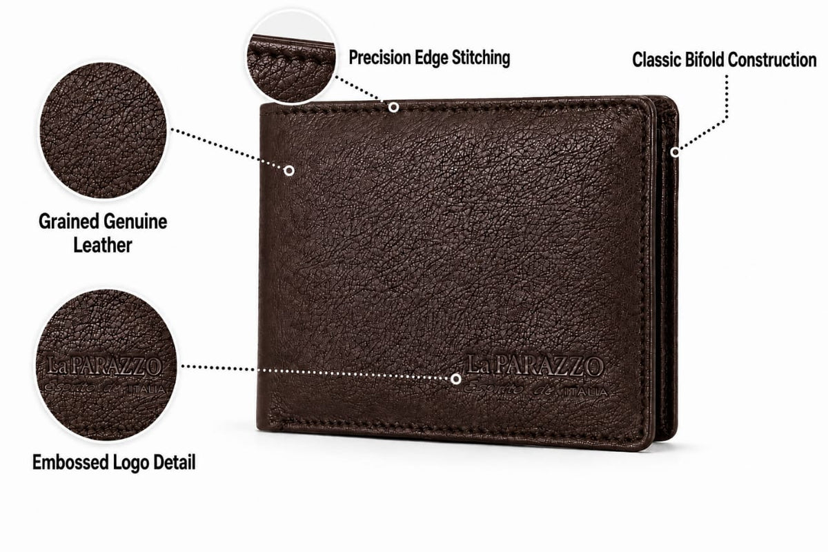 La Parazzo Premium Genuine Leather Men’s Bifold Wallet with Flip-Out Card Holder & Cash Compartment