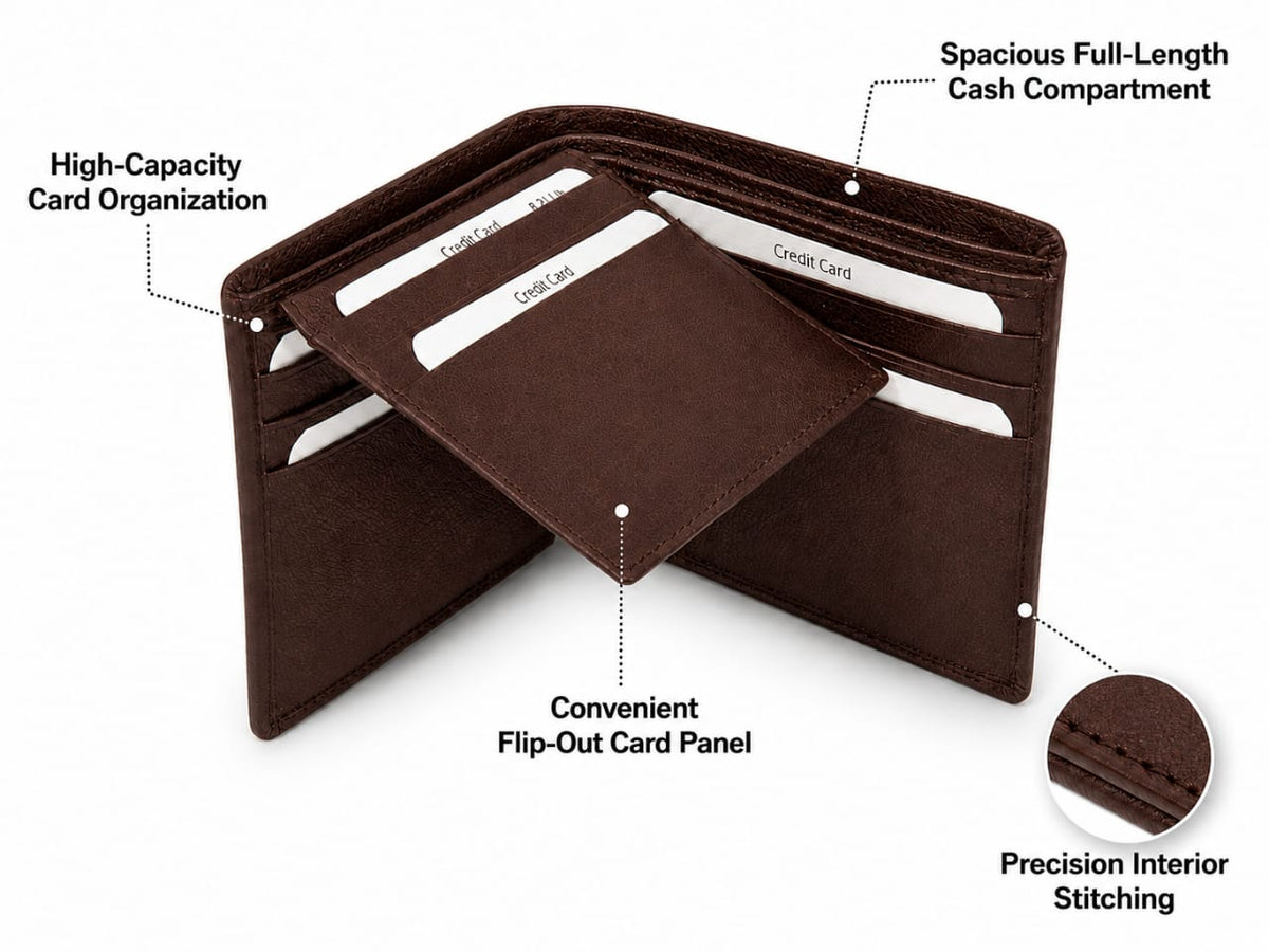 La Parazzo Premium Genuine Leather Men’s Bifold Wallet with Flip-Out Card Holder & Cash Compartment