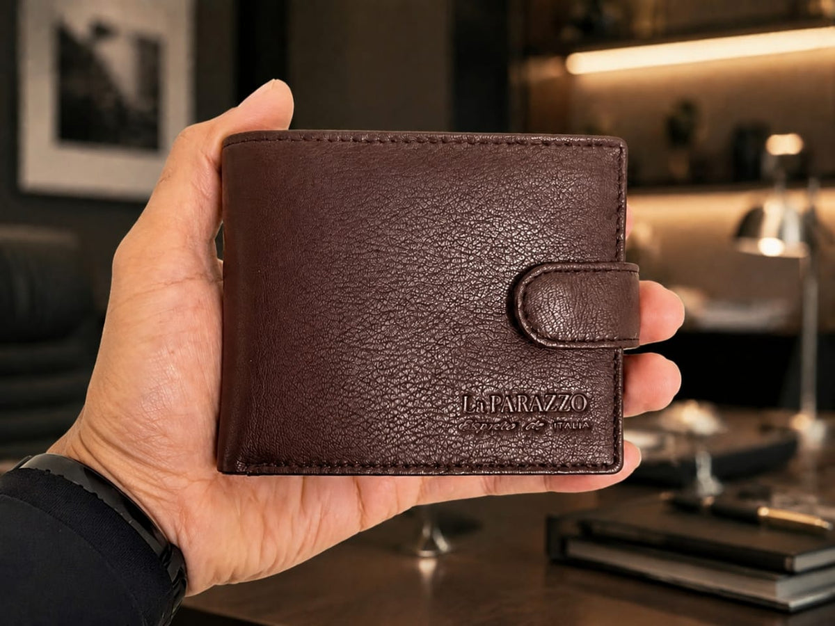 La Parazzo Premium Men’s Genuine Leather Wallet – Bifold Wallet with Snap Closure, Multiple Card Slots, ID Window & Cash Compartment