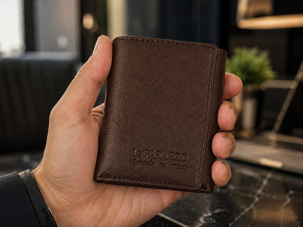 La Parazzo Premium Men’s Genuine Leather Trifold Wallet – Compact Vertical Wallet with Multiple Card Slots, Cash Compartment & Snap-Button Section