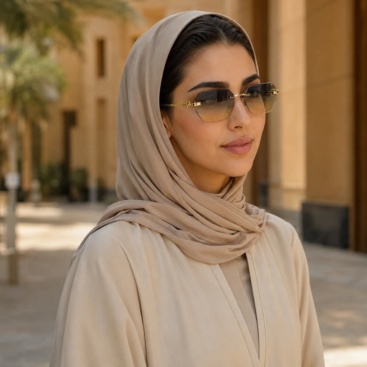Premium Women’s Rimless Geometric Sunglasses – Gradient Lens Fashion Eyewear with Decorative Metal Temples