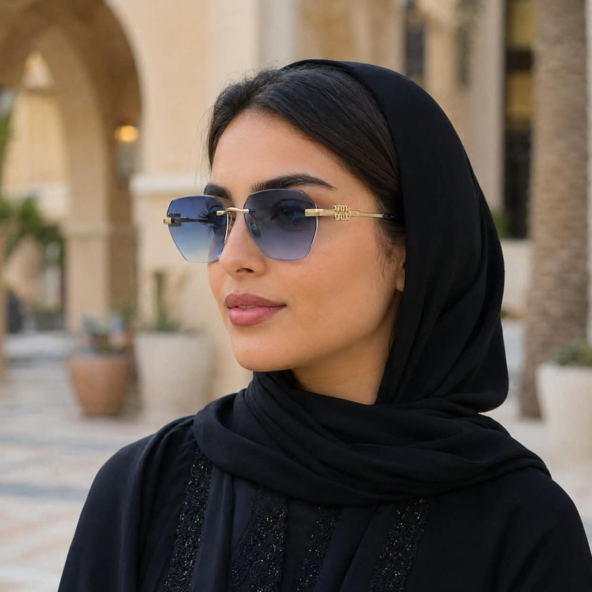 Premium Women’s Rimless Geometric Sunglasses – Gradient Lens Fashion Eyewear with Decorative Metal Temples